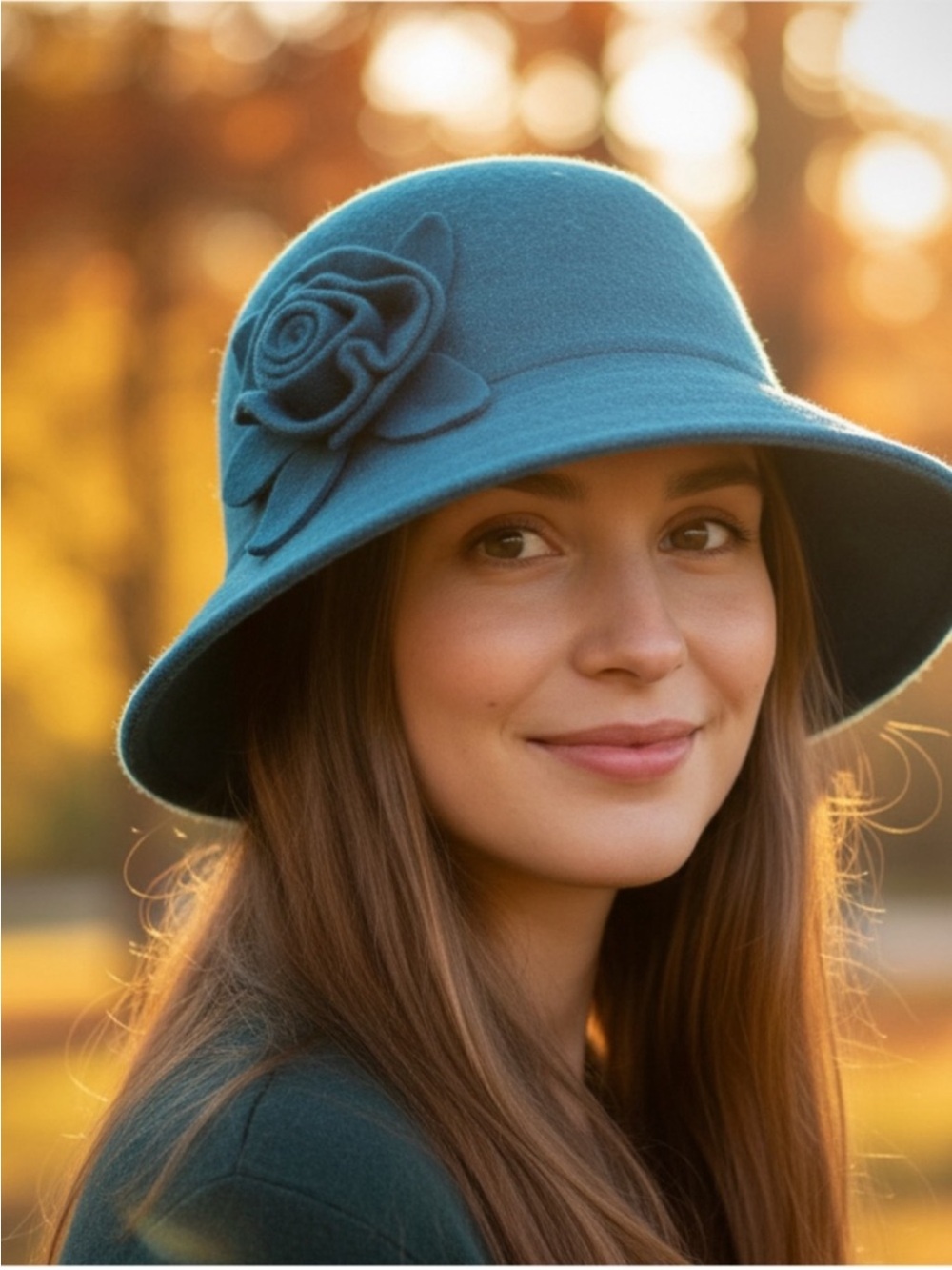 Women's Teal Felt Flower Cloche Camisole Hat